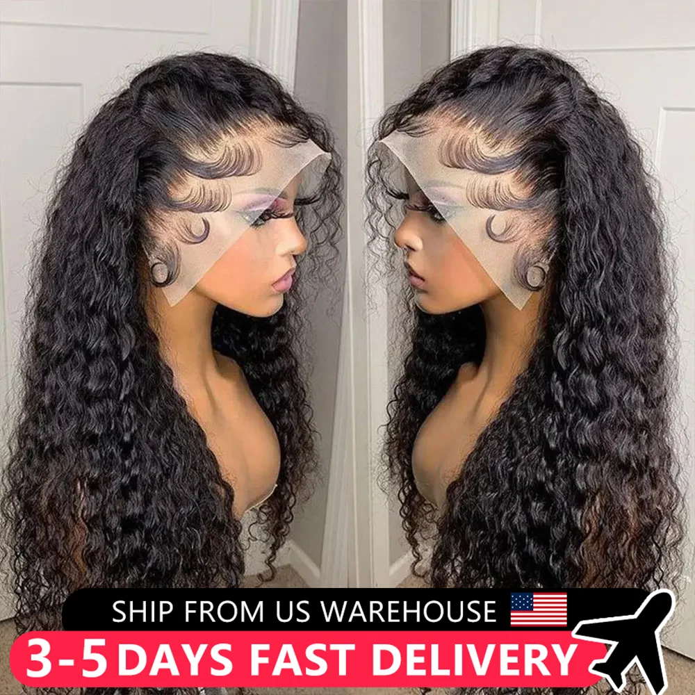 Deep Wave Transparent Lace Front Human Hair Wig Kinky Curly 200% 13x4 13x6 Lace Frontal Wigs For Woman Indian Remy Pre Plucked