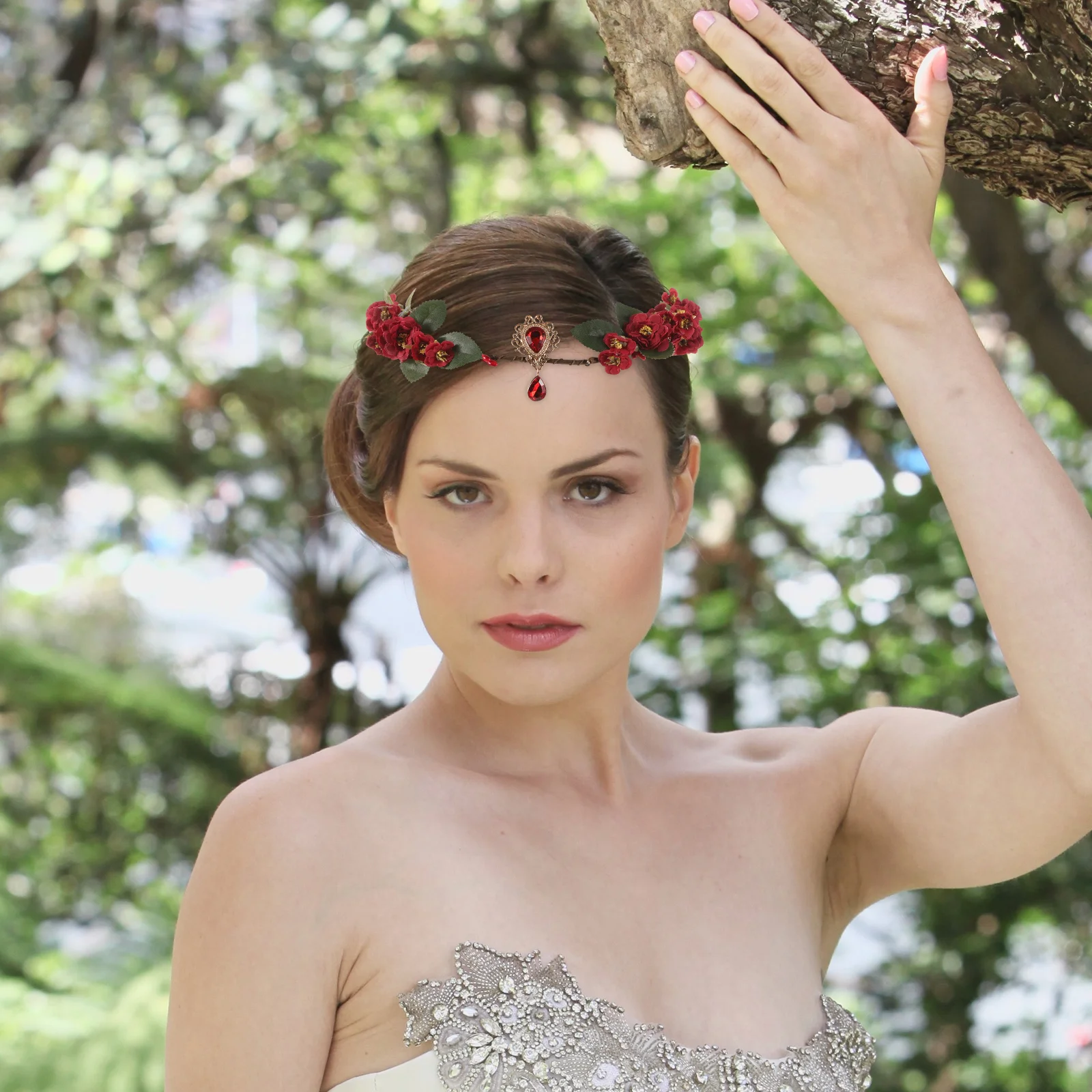 Couronne de fleur rouge pour cosplay de mariée, bandes de sauna, couronnes, guirlandes florales, pièces de sauna, couronnes de cheveux d'elfe, coiffure de mariage