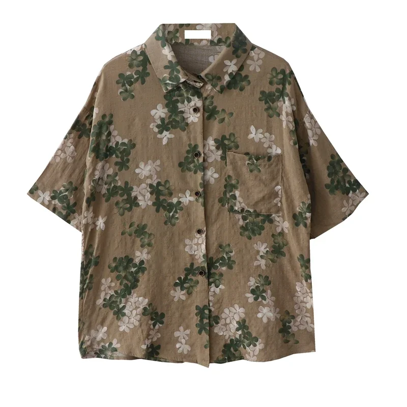 Summer New Japanese Vintage Blouse Loose Grunge Style Flower Print Shirt Men Women Short Sleeve Elegant Full Printing Shirt Top