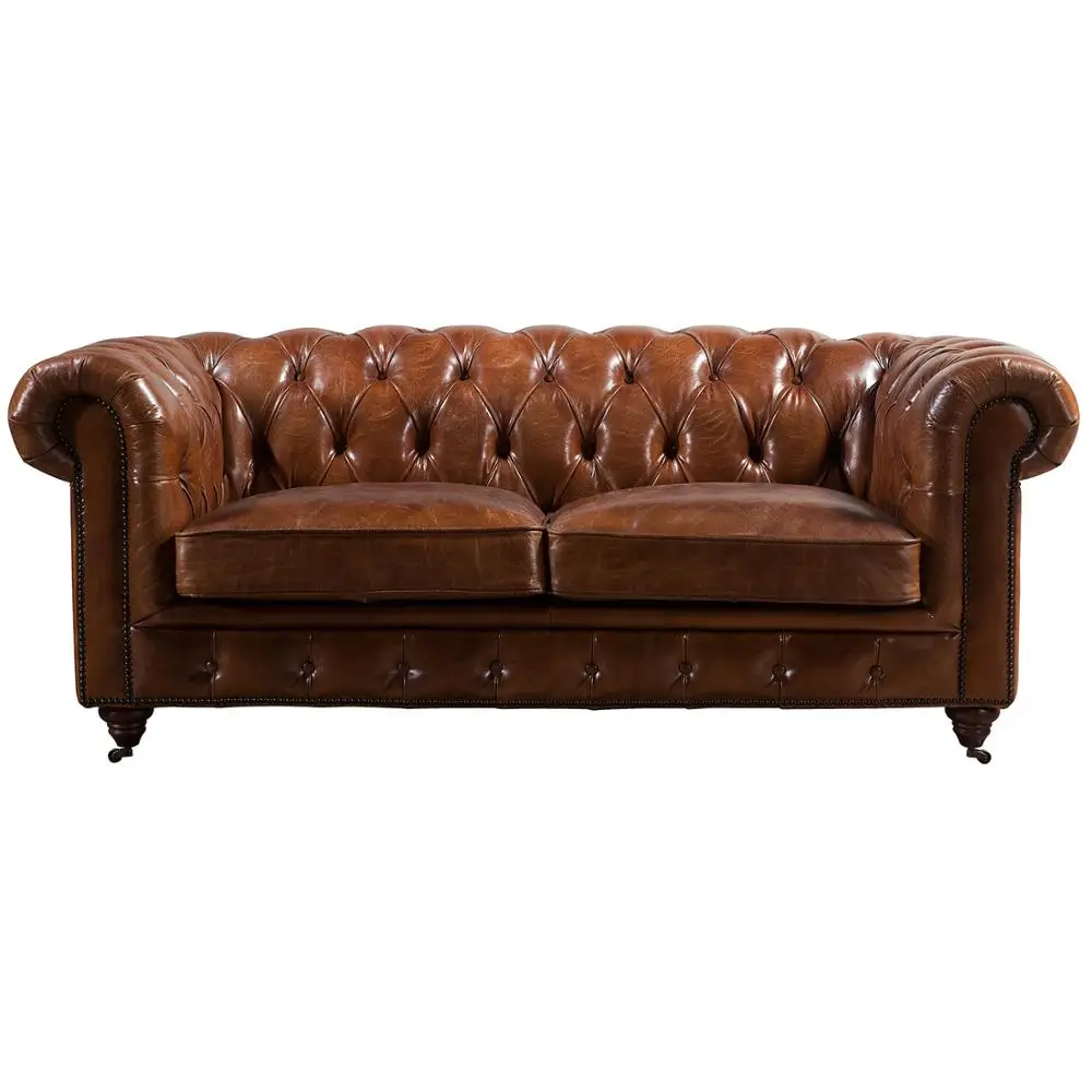 Vintage Genuine Leather Sofa With Cushion Brown Tufted Home Hotel Furniture Italian