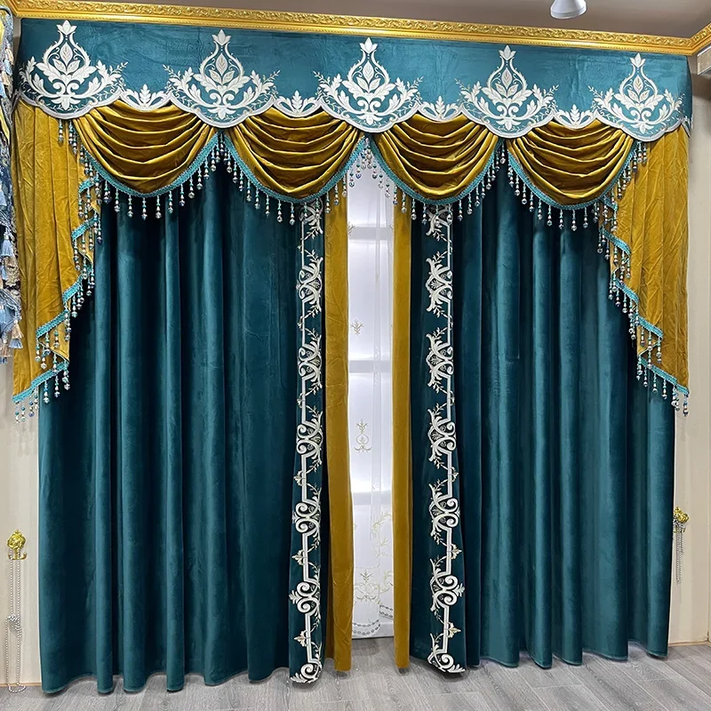 European Embroidered Luxury Curtains for Living Room Bedroom Dining Dark Green Flannelette French Window Custom Blackout Valance