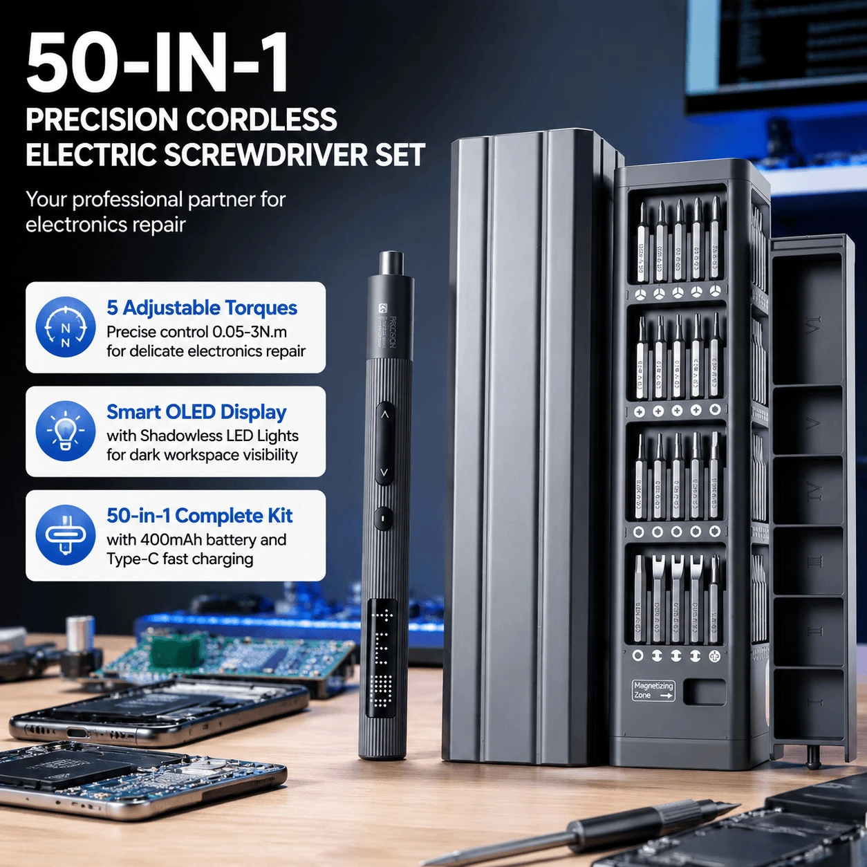 Home Improvement Loan - 50 in 1精密コードレス電動ドライバーセット、USB充電式ミニパワードリル、LEDライト付き、電子機器の修理やDIYプロジェクトに最適、携帯電話、時計、コンピュータ、家庭用ハードウェアツール、家の改善やメンテナンスに最適なセット