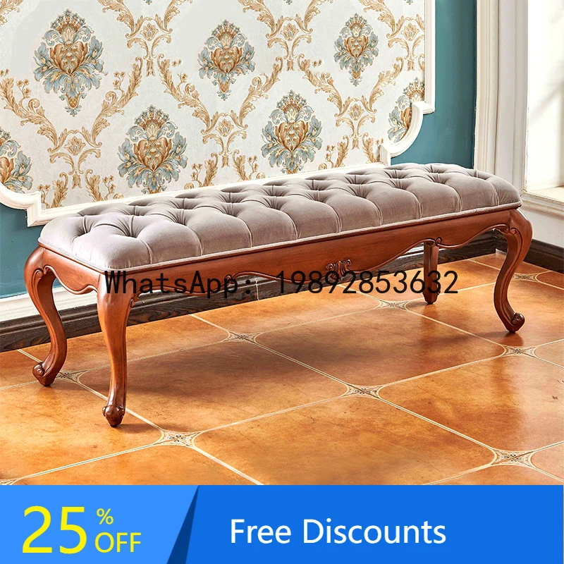 

BF American Style Solid Wood Bed End Stool Bedroom Vintage Genuine Leather Bedside Stool European Style Bedside Stool