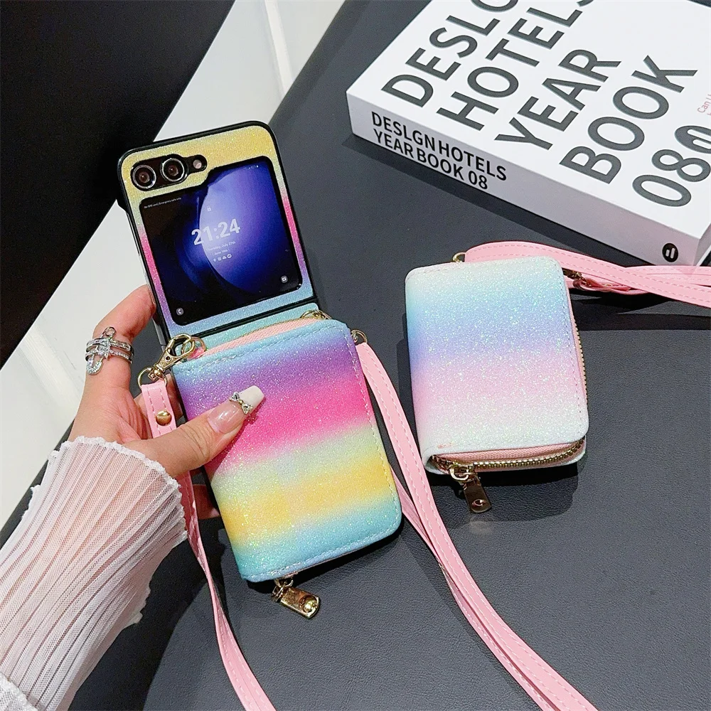 Crossbody Zipper Wallet with Card Holder Phone Case for Samsung Galaxy Z Flip 6 5 4 3 Flip5 Flip4 Flip3 Colorful Glitter Cover