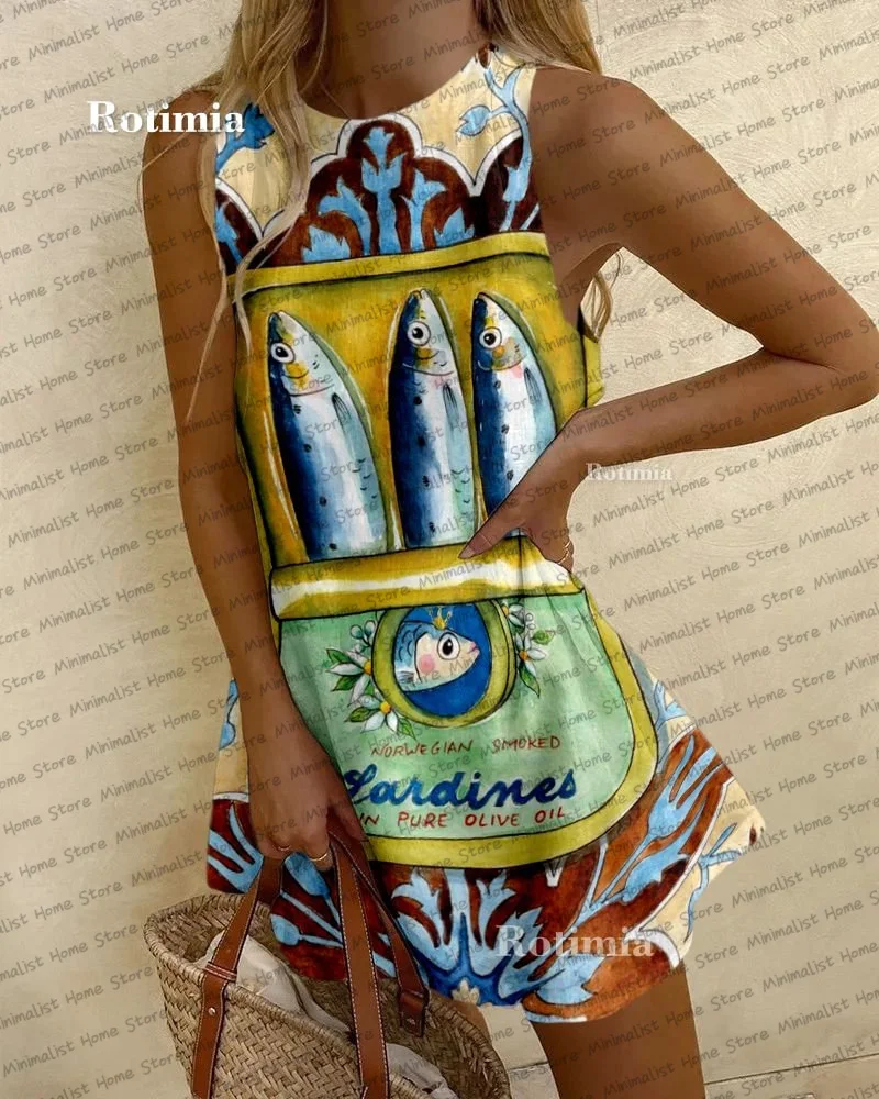 Summer Women's Sleeveless Dress Cute Sardines Fish Graphic Print New Sleeveless Vest Dress Beach Vacation Party Girl Dresses