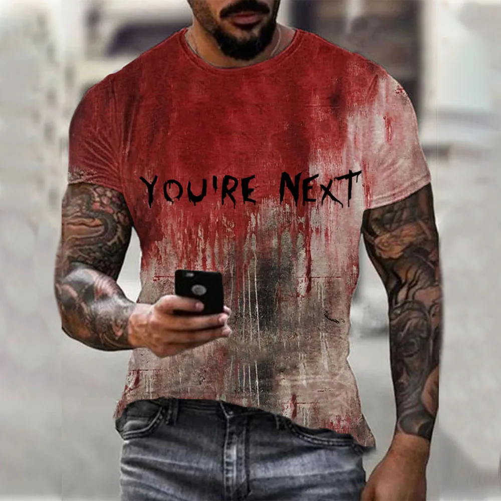 

Male Print Halloween France Theme Casual Crewneck Blood Graphic Plus Size Shirt Printed Solid Color Short Mock Turtle Neck Men