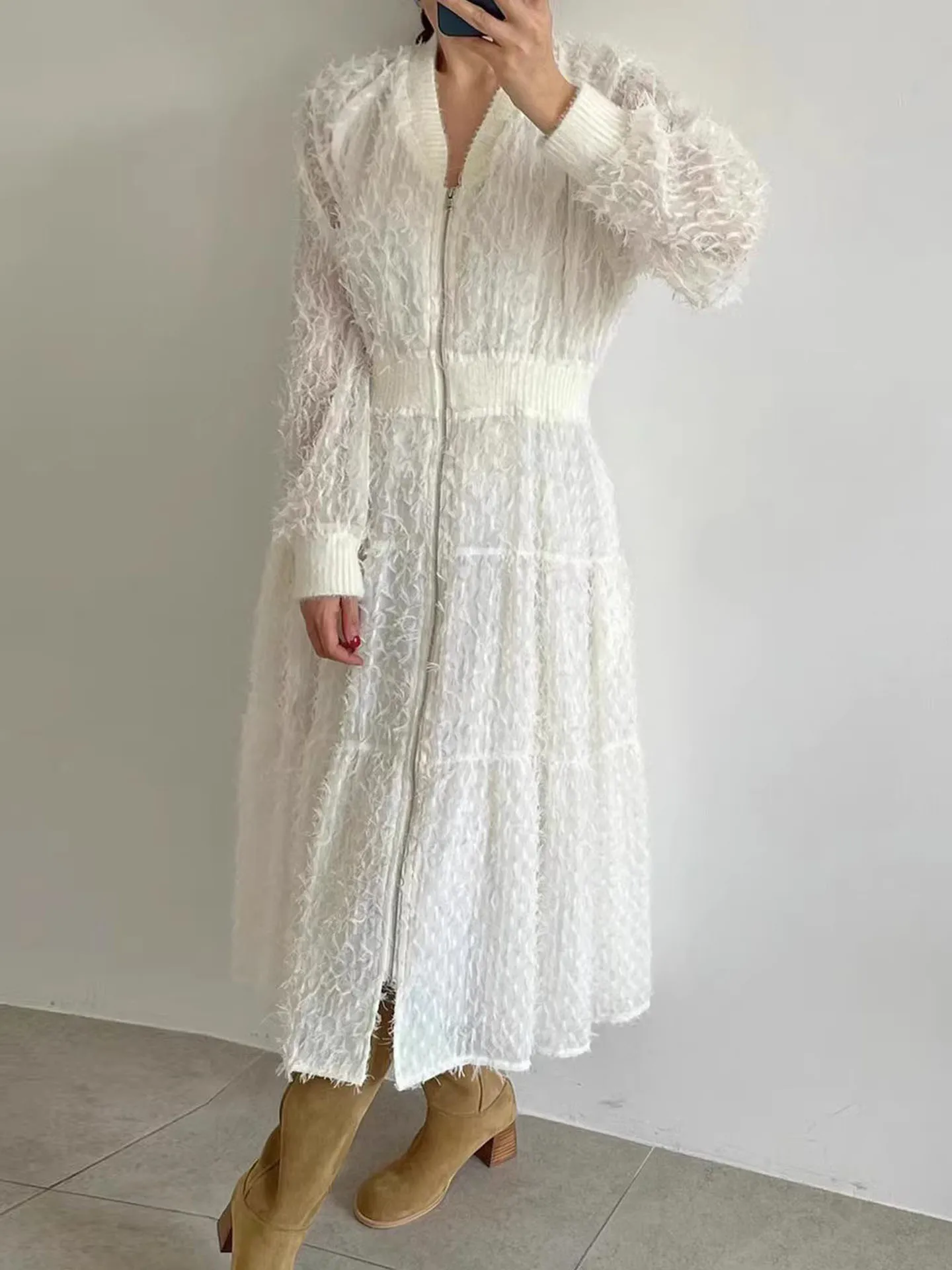 Ele V-Ne Zipper Waist Cinching Long Dr Women's Early Spring New Korean Sle Retro Versatile 3D Fringe Dr