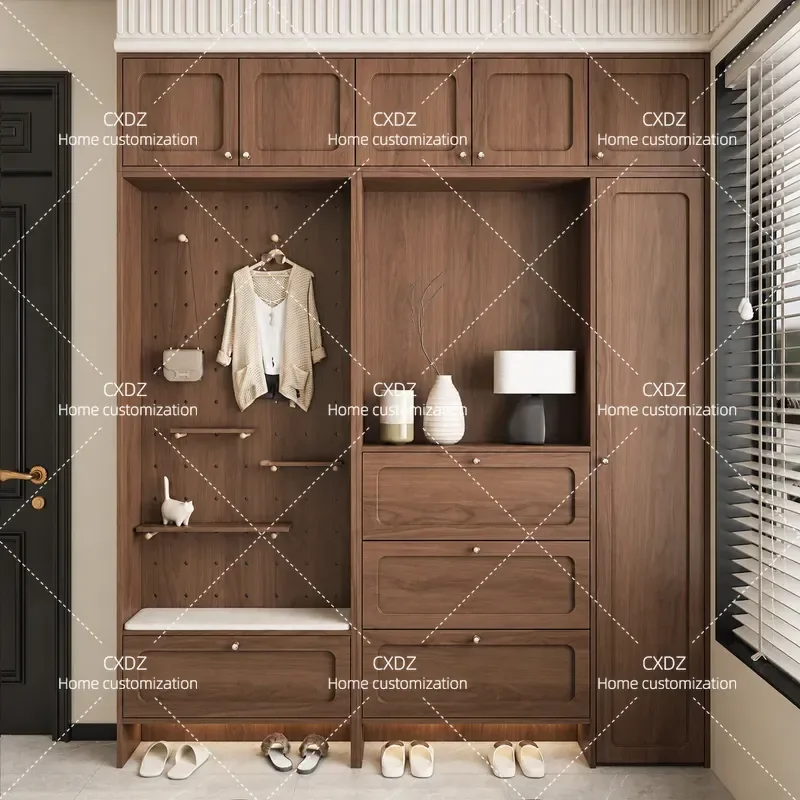 Retro Entryway Shoe Cabinet with Integrated Coat Hooks Wall Mounted Storage Locker for Small Apartment Foyer Hallway