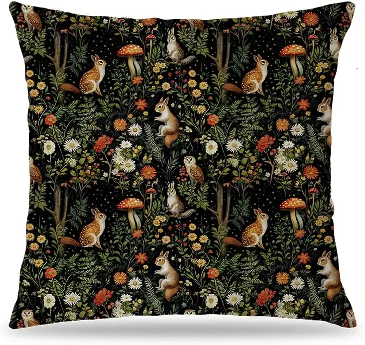 Dark Fairy Forest Pillow Cover 18x18 Double-Sided, Dark Cottagecore Decor, Whimsical Forest Floral Mushroom Bunny Owl Squirrel D