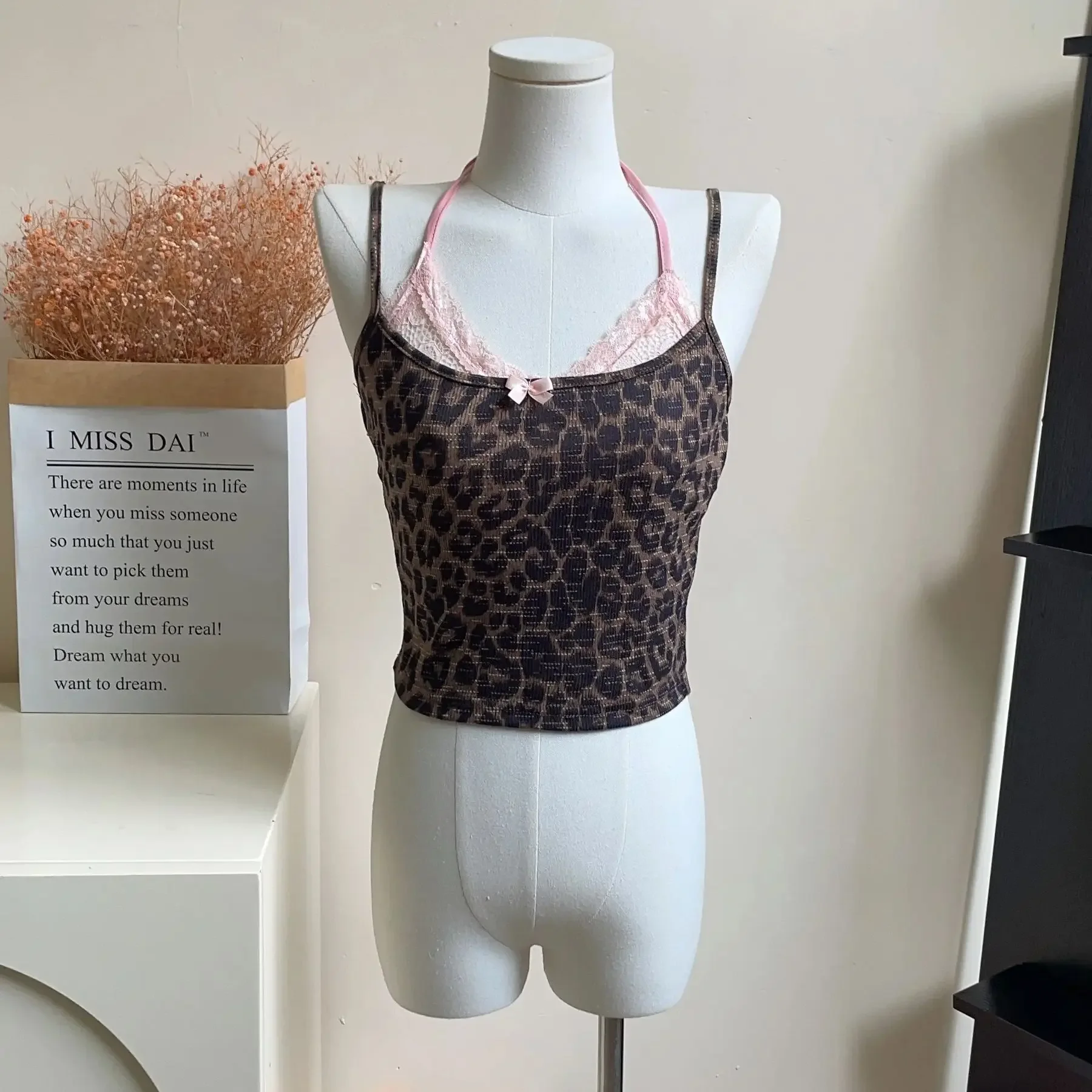 

Women's Brown Crop Top Vintage Y2k Camisole Sexy Leopard Corset Top Sleeveless Vest Aesthetic Lace Tank Top 2000s Clothes Summer