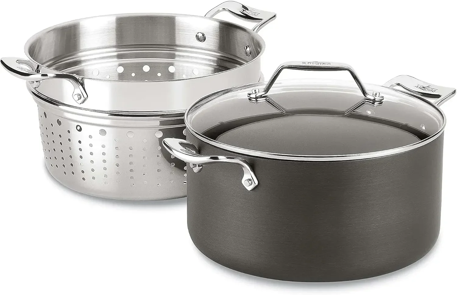 

Essentials Hard Anodized Nonstick Multi-Pot 7 Quart Oven Broiler Safe 500F Strainer, Pasta Strainer with Handle, Pots and Pans B