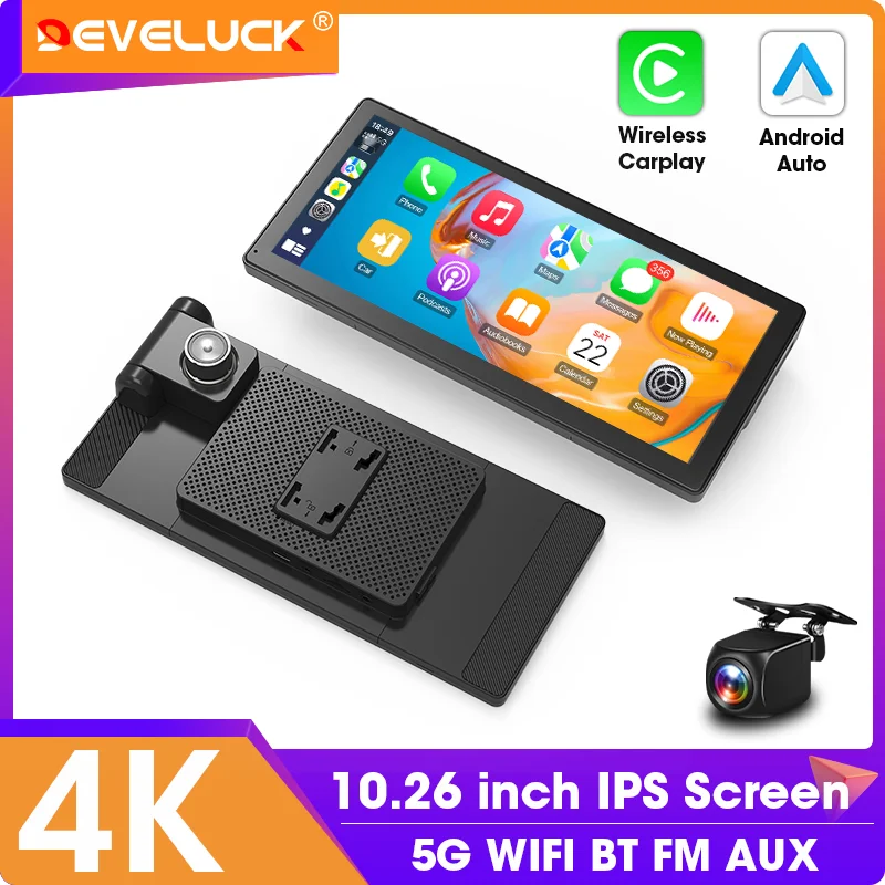 10,26 pulgadas Carplay y Android Auto 4K 2160P Wifi Dash Cam cámara de visión trasera espejo coche DVR navegación GPS grabadora de vídeo de doble lente