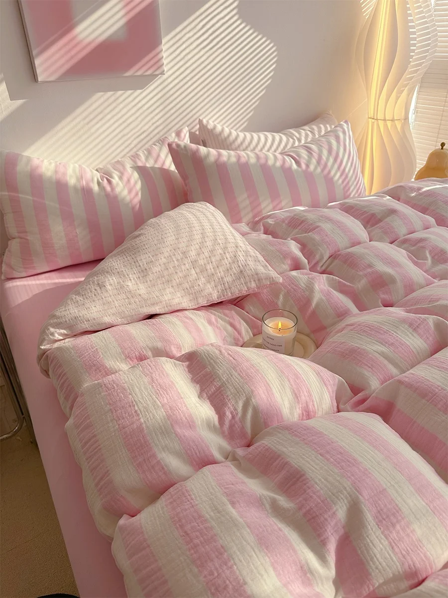 

Ultra Soft Pure Cotton Pleated Stripe Bedding Set Pink Four Piece Bedding eet Cover Pillowcase Duvet Cover Quilt Cover