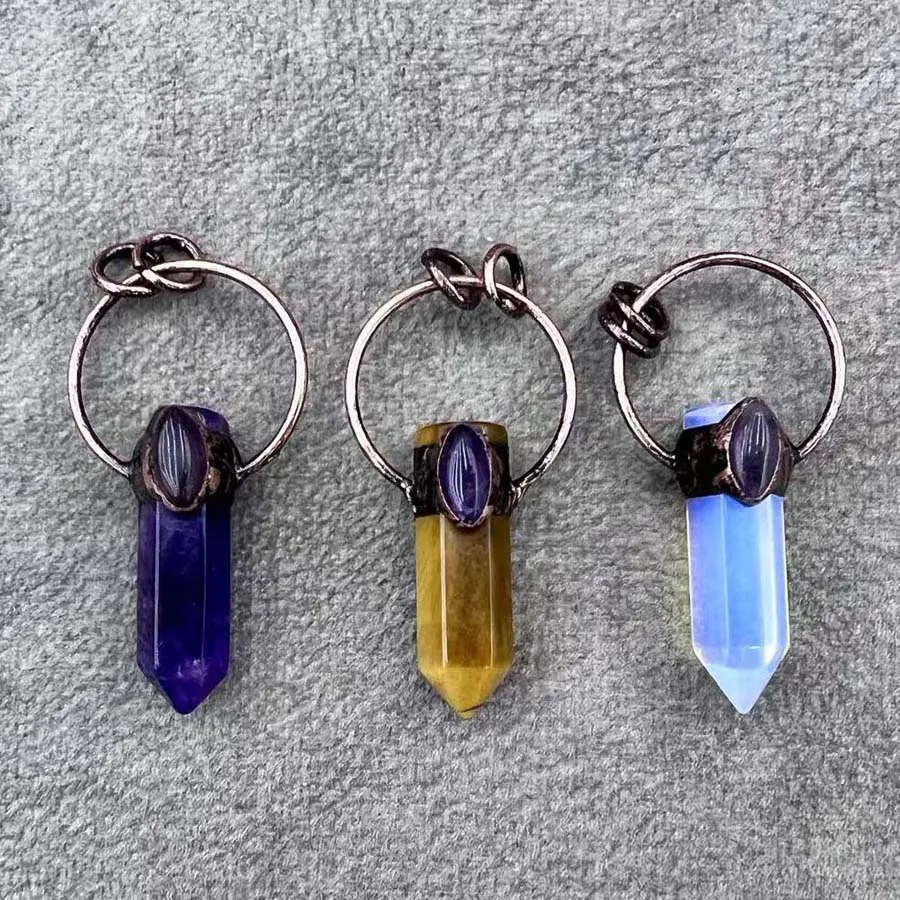 Natural Hexagonal Prism Gemstone Pendants For Women Necklace DIY Amethyst Tiger Eye Stone Vintage Pendant Man Jewelry Making