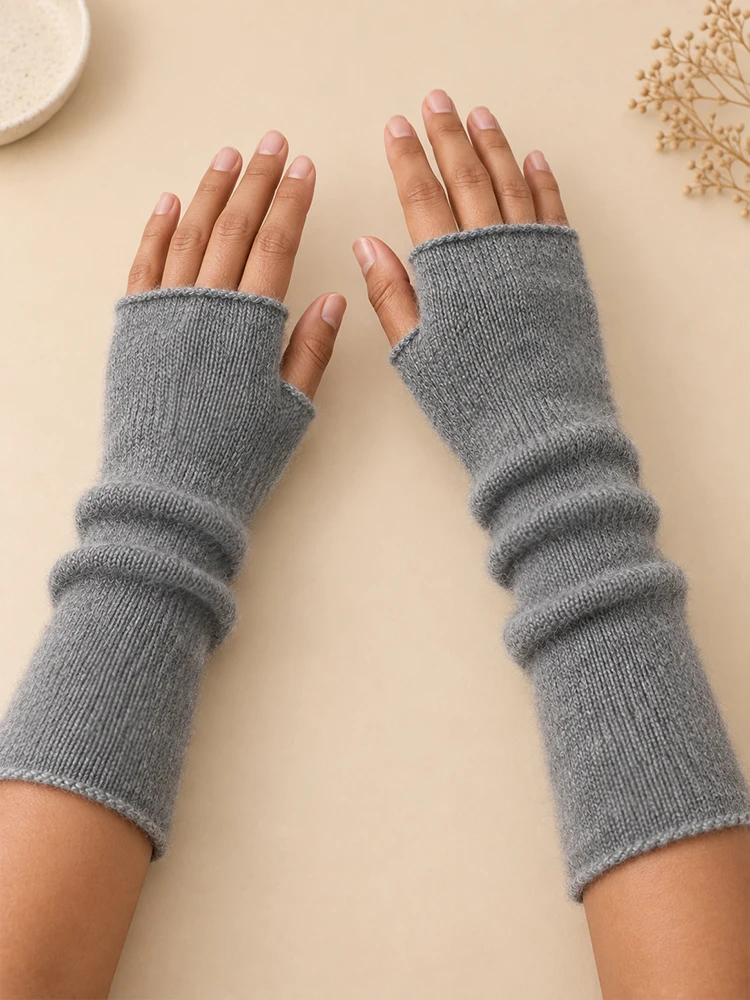 Women 100% Wool Long Fingerless Gloves Mittens Seamless Knit Arm Warmers Wrist Warmers Winter Hand Covers Mitt Y2k Oversleeves