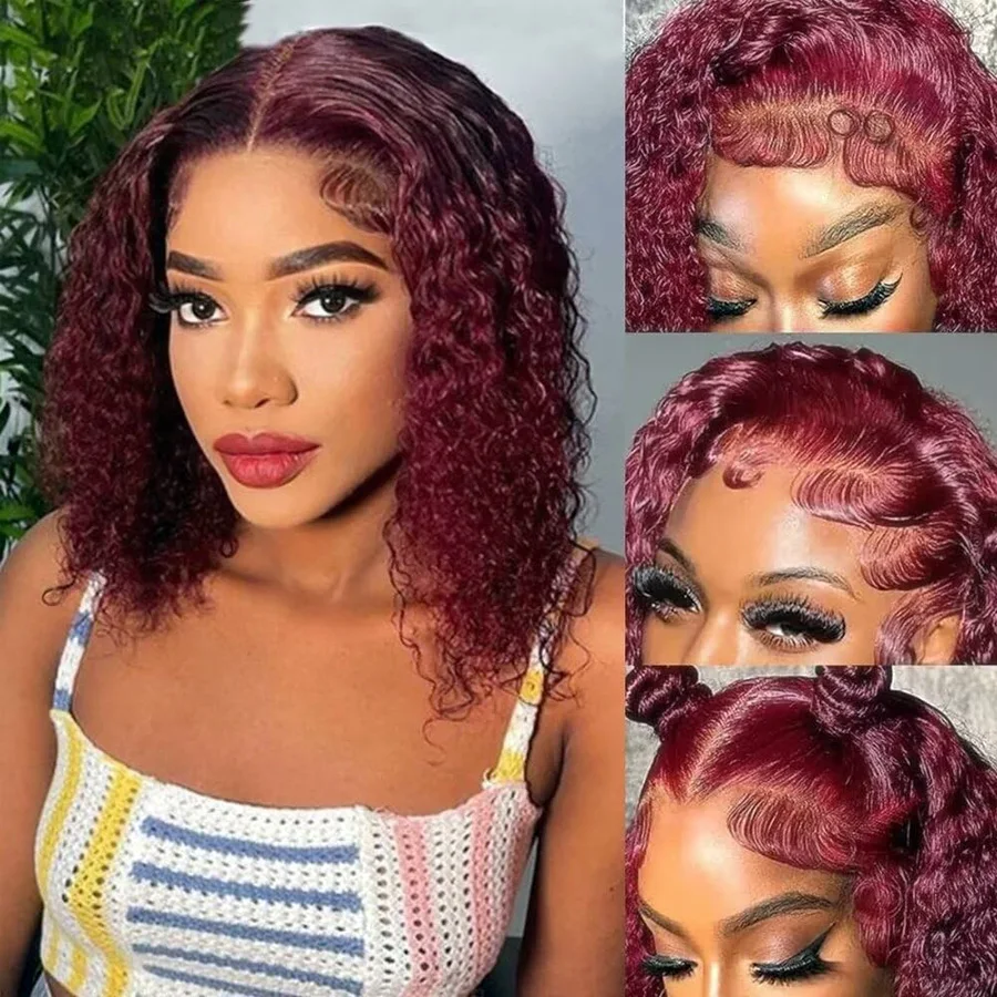 99j Bob Wig Human Hair Pre plucked 13x4 Lace Frontal Wigs Natural Hairline 99j Kinky Curly Wigs Human Hair