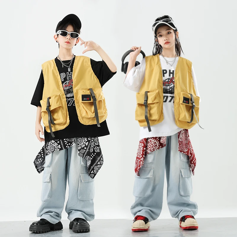 Girls K-pop Outfits Vest Loose Pants Boys Hip Hop Jazz Street Dancing Clothes Sets Children Streetwear Kids Teens Stage Costume
