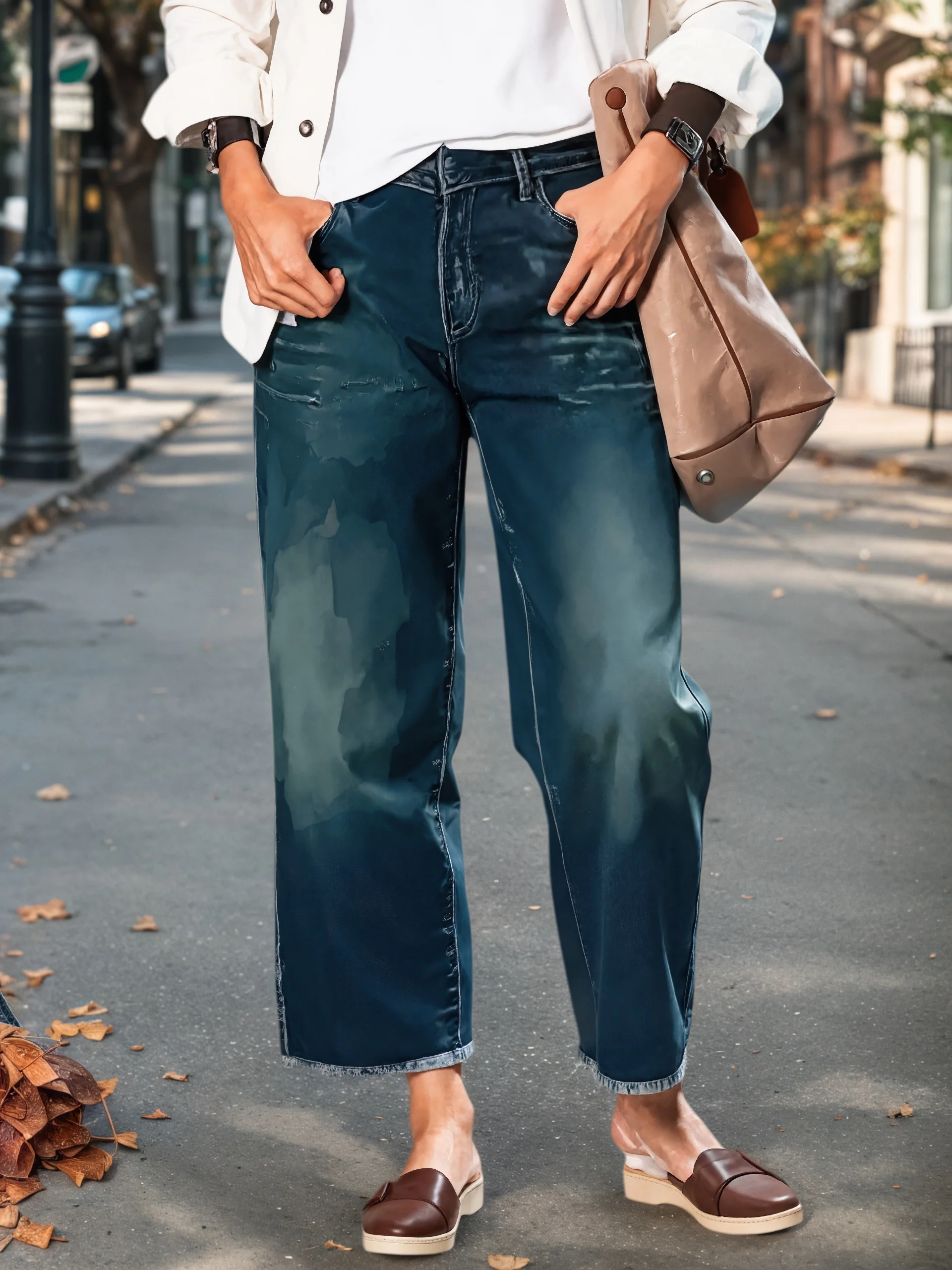 

2025 Women's New Washed Jeans, Casual Style, Mid Waist, Stretch Jeans with Diagonal Pockets, Straight-crotch Loose Slim