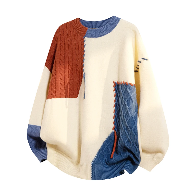 

Loose Fit round Ne f High Ne Spliced Knitwear for Men Korean Sle Japanese Trend Casual Youth Faionable Sweater