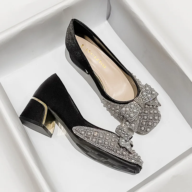 

C042 New Spring Autumn Chunky High Heels 4.5cm Crystal Bow-knot Heel Lady Square Toe Shoes British Loafers Female Footwears