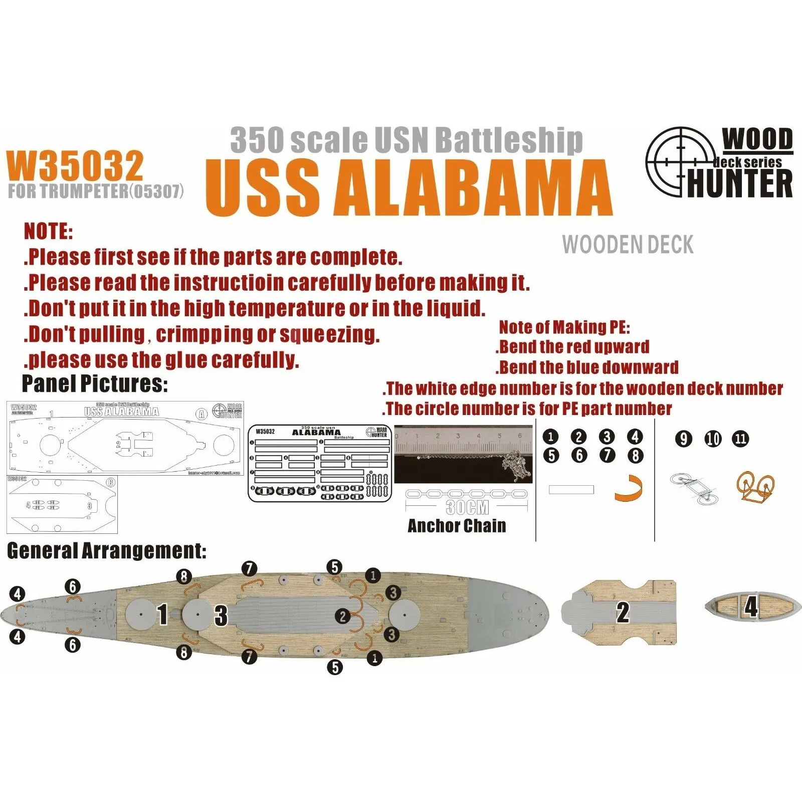 Hunter W35032 1/350 Wood Deck USN BATTLESHIP USS ALABAMA FOR TRUMPETER 05307