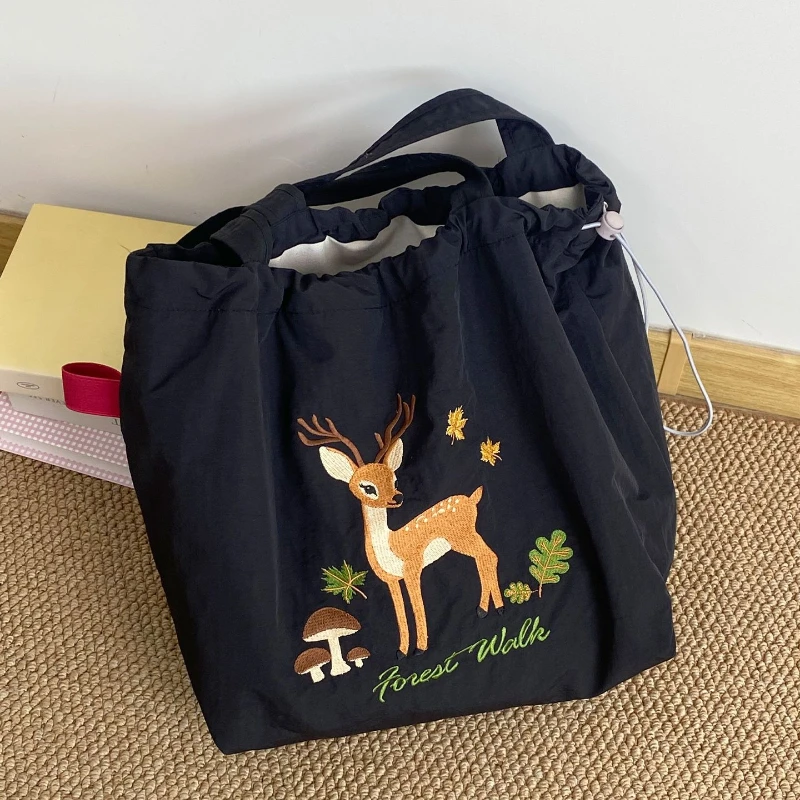 

Cartoon Embroidery Women's Nylon Shoulder Bags Vintage Ladies Drawstring Design Tote College Style Girls Large Handbags