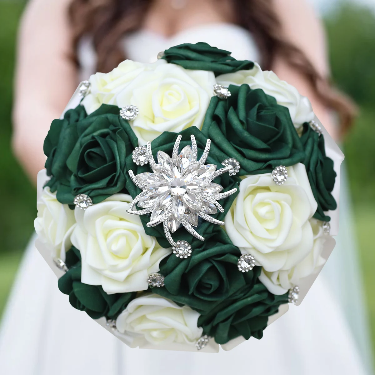 Rhinestone mão Bouquet para damas de honra, PE leite verde escuro Rose Ribbon, simulação casamento Bouquet, prata, PE821