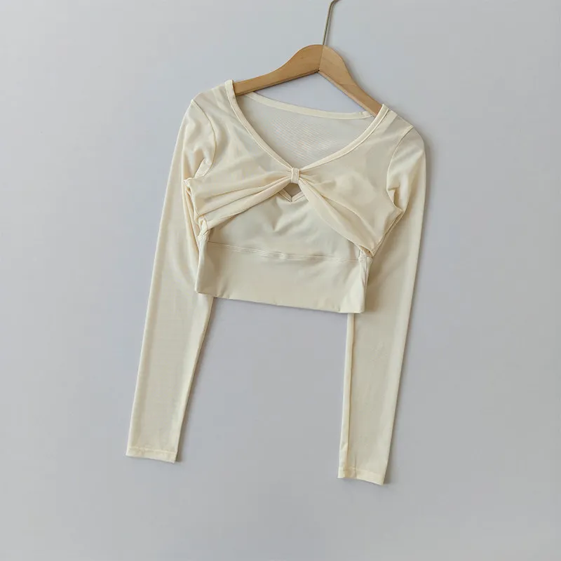 Sportbekleidung für Damen Herbst Winter Neuer Stil mit Brustpolster Rückenfreies Langarm-Fitness-Oberteil Gym Running Yoga Kurzes T-Shirt Top – Detail 3