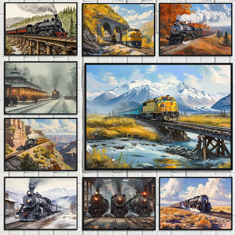 Watercolor Vintage Steam Train Railroad Locomotives Mountain Landscape Poster Canvas Painting Wall Art Pictures Home Decor