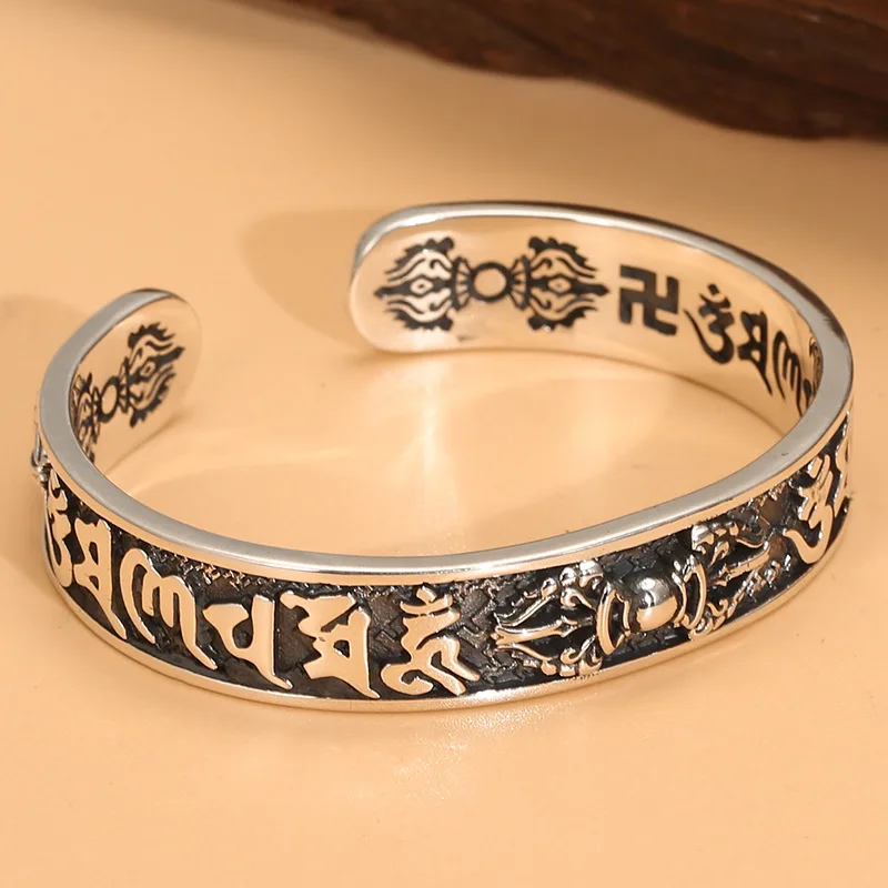 Vajra men's opening bracelet S925 silver vintage six word mantra bracelet ornament personality hipster