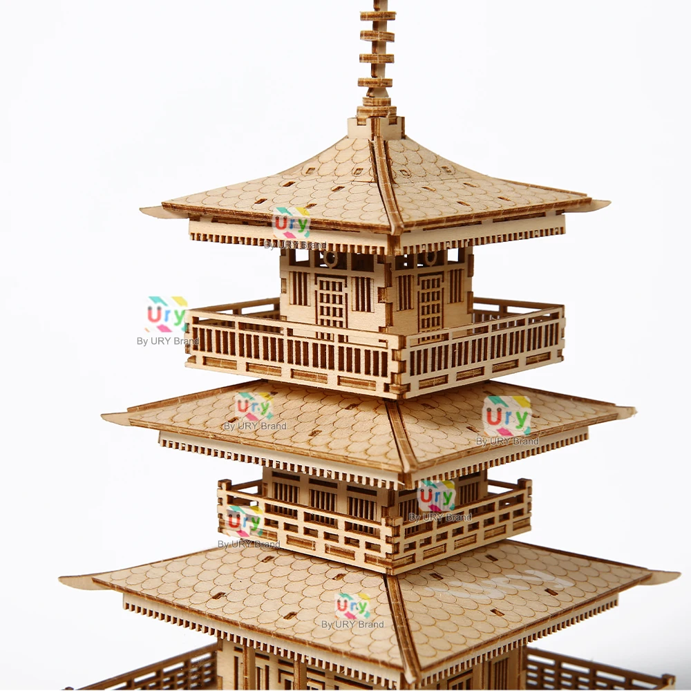 URY 3D木製タワー古代パゴダ中国伝統パズルライト付きDIYモデルゲーム組み立てデスクトップおもちゃ子供大人向けギフト