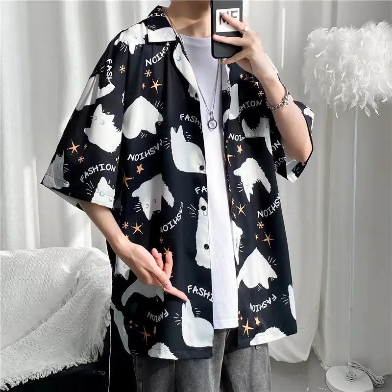 

E-BAIHUI Shirts for Men Spring and Summer Cat Print Chic Mens Shirts Short Sleeve Loose Vintage Style White Hawaiian Shirt Men