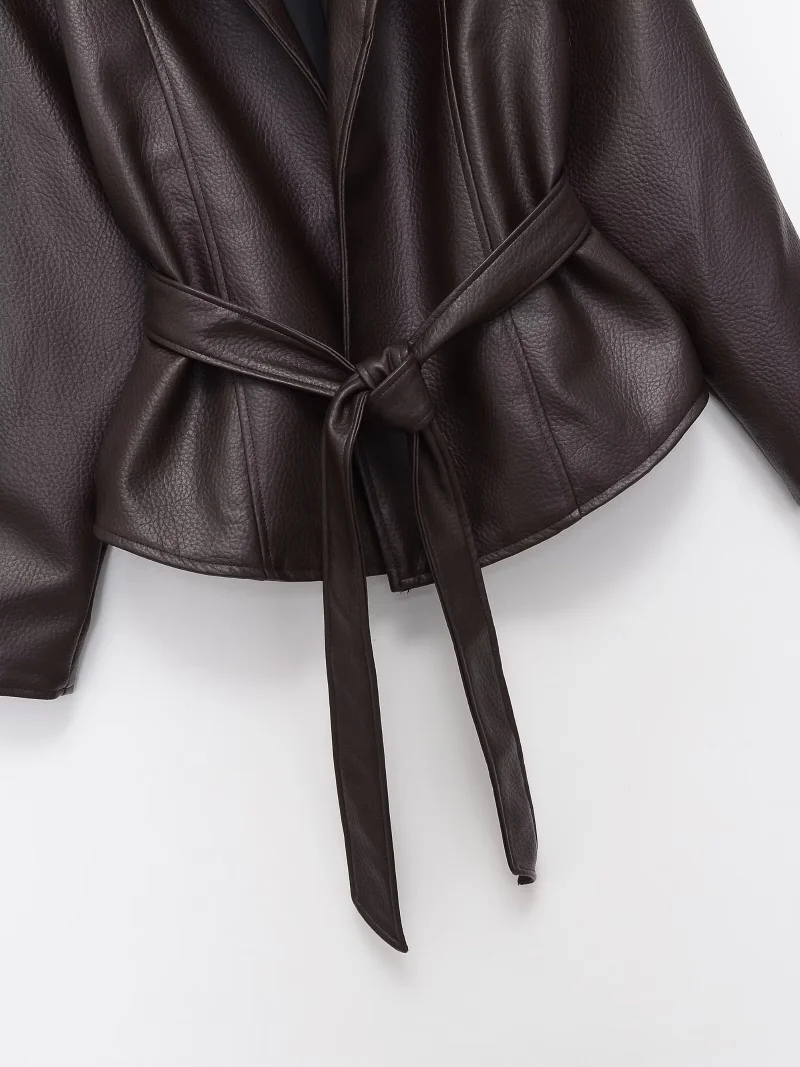 ETJ Damen PU-Leder Vintage Wickeljacke mit Gürtel, hochgeschlossener Kurzmantel, Frühjahr 2026, minimalistische Retro-Urban-Mode-Oberbekleidung – Detail 9