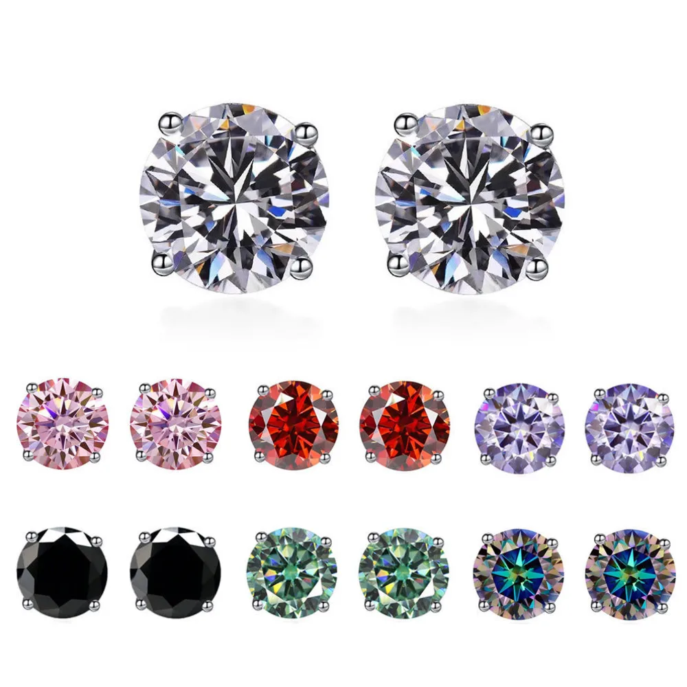 925 Sterling Silver 0.5CT Round Cut Moissanite Stud Earrings For Women 4 Prong Solitaire Fine Jewelry Multi Color Gift