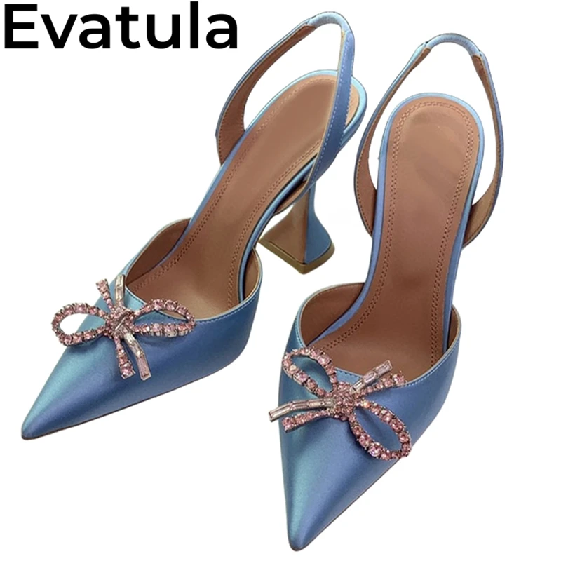 

2024 Summer Bowknot Crystal Goblet High Heel Sandals Women Pointed Toe Satin Slingbacks Fashion Party Wedding Pumps Shoes Femme