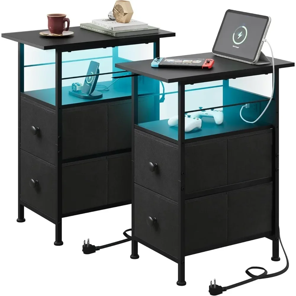 

Nightstand Set of 2 with Charging Station, End Table Sets with LED Lights, 2 Fabric Drawers and Open Shelf, Bed Side Table