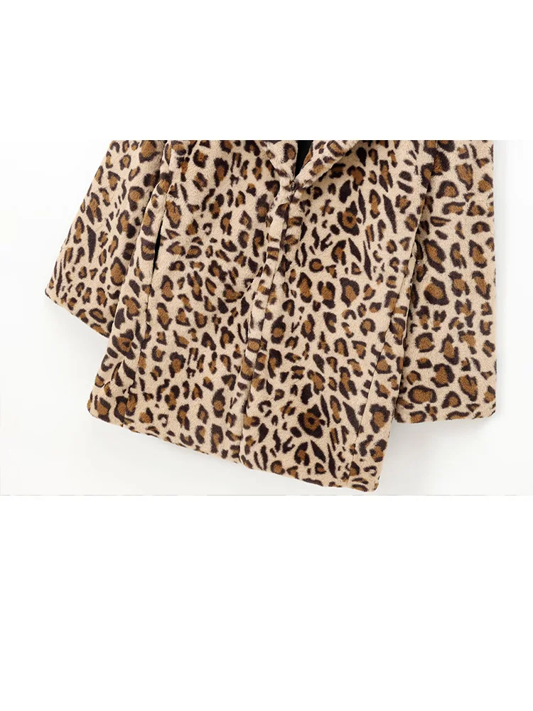 HH 女性の冬のファッションターンダウン襟ヒョウ柄フェイクファージャケット女性シングルブレストポケット装飾長袖コート