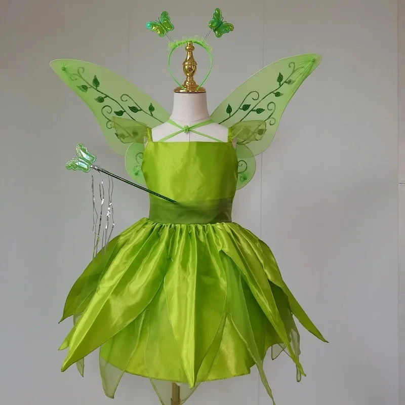 Disney Kids Fairy Tiana Costume for Girls Tinker Bell Princess Dress Elf Wings Headband Wand Toddler Fancy Birthday Party Gowns