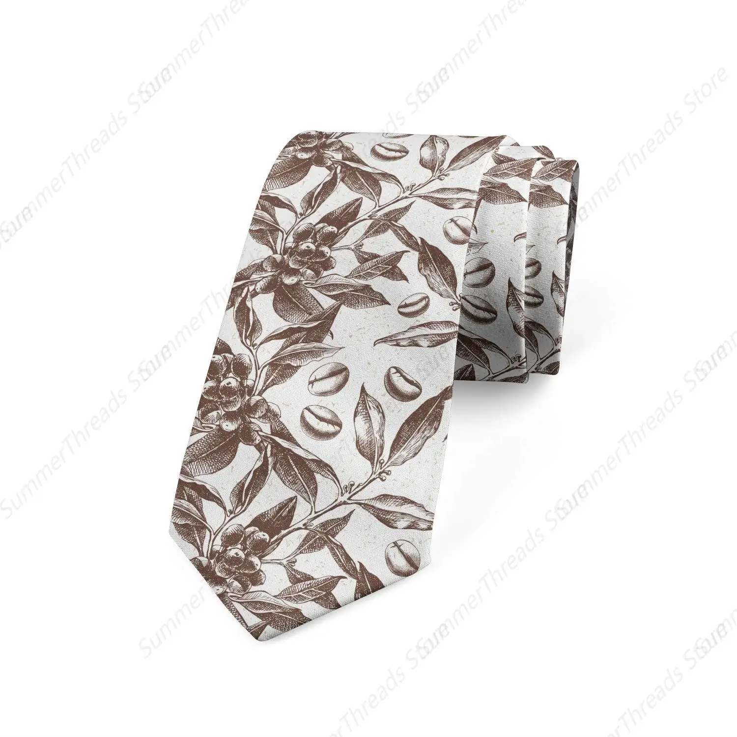 Men's Tie, Hand Drawn Coffee Plants, Taupe White