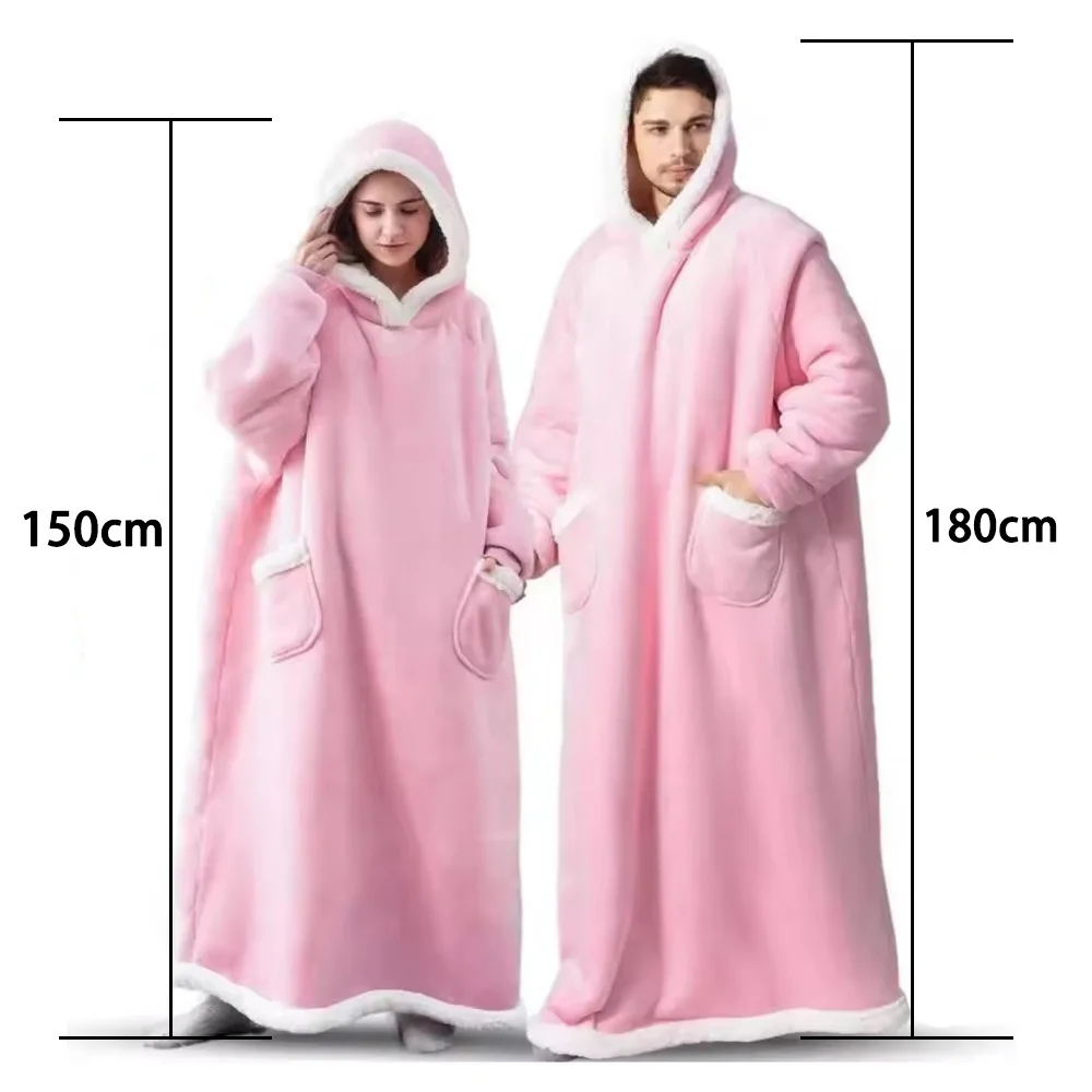 150/180cm Winter Thick Blanket Extra Plush Hoodie Lengthened Large Pocket Imitation Cashmere Home Coat Fleece TV Blanket 1pc