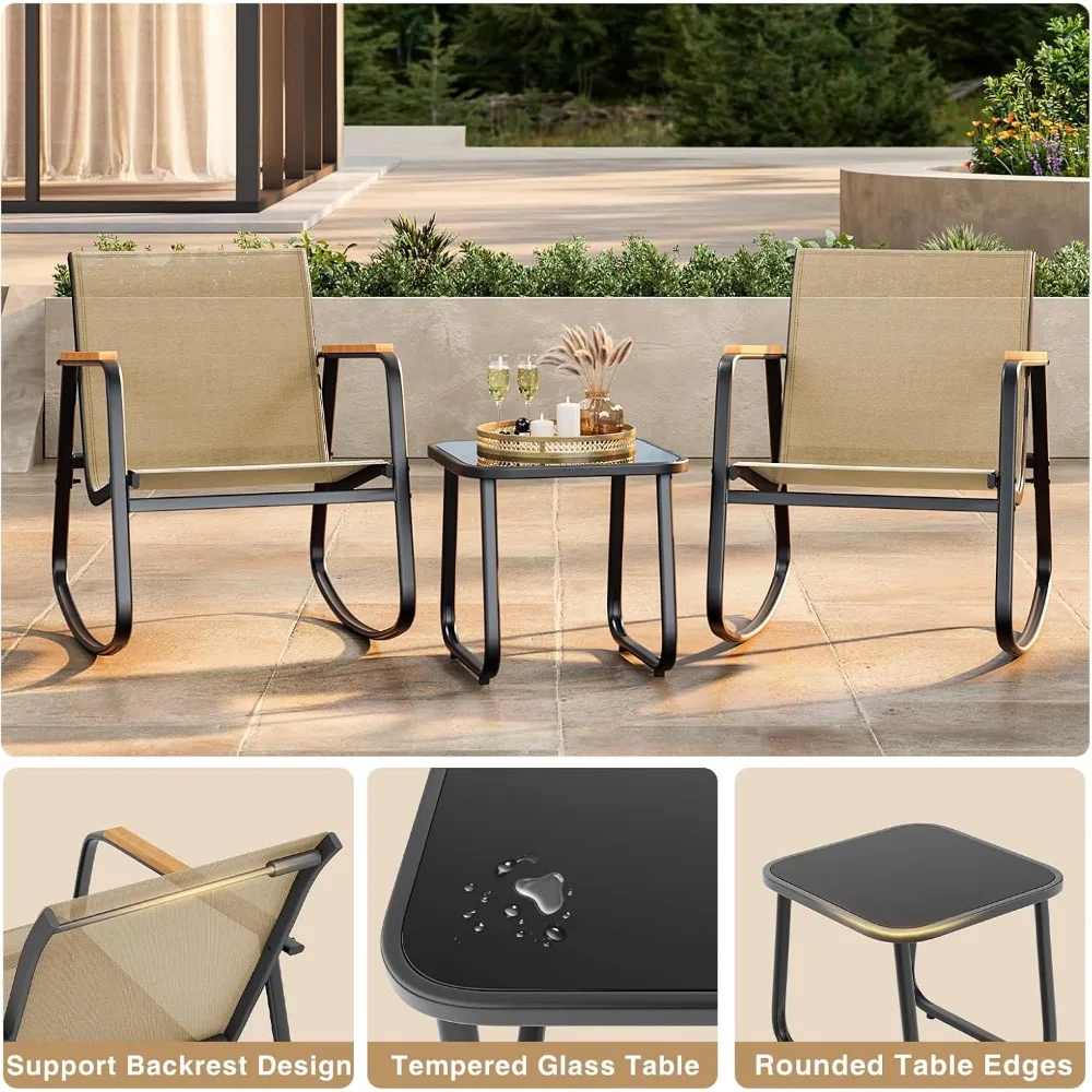 Outdoor Patio Rocking Chairs Set with Textilene Fabric, 3-Piece Bistro Furniture, Glass Table, Comfortable Seating for Relaxatio