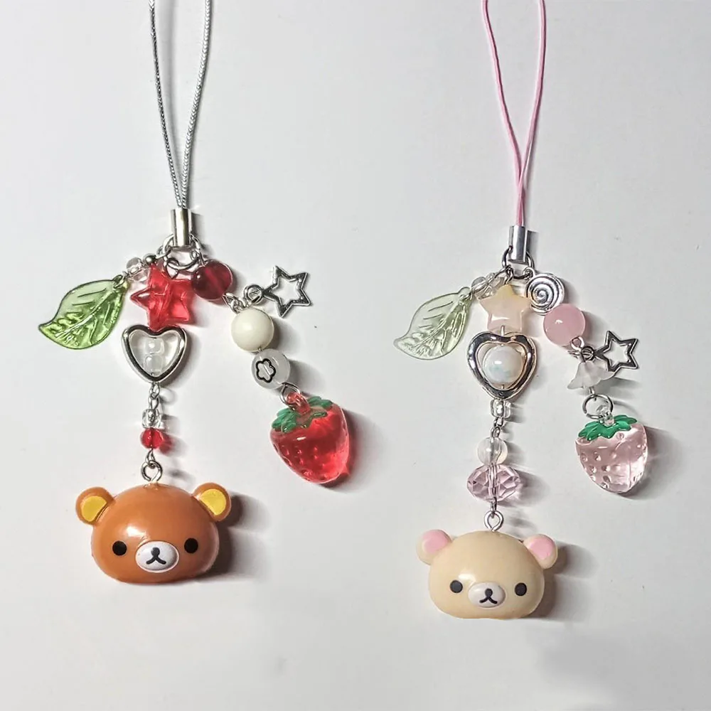 Handmadede Small Bell Bear Pendant Phone Charms Y2K Fairy Core Strawberry Rilakkuma Beaded Keychain Bag Accessories for Girls