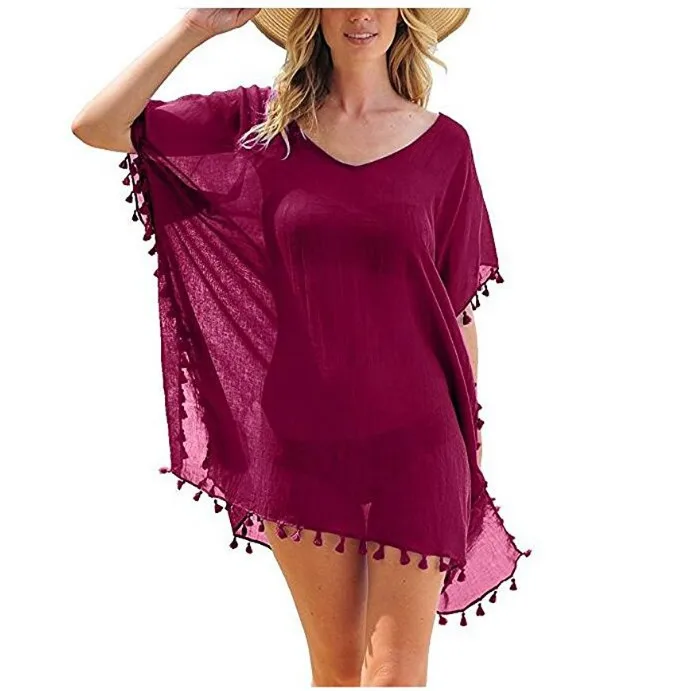 2023 Chiffon Tassels Beach Wear Women Swimsuit Cover Up Swimwear Bathing Suits Summer Mini Dress Loose Solid Pareo Cover Ups