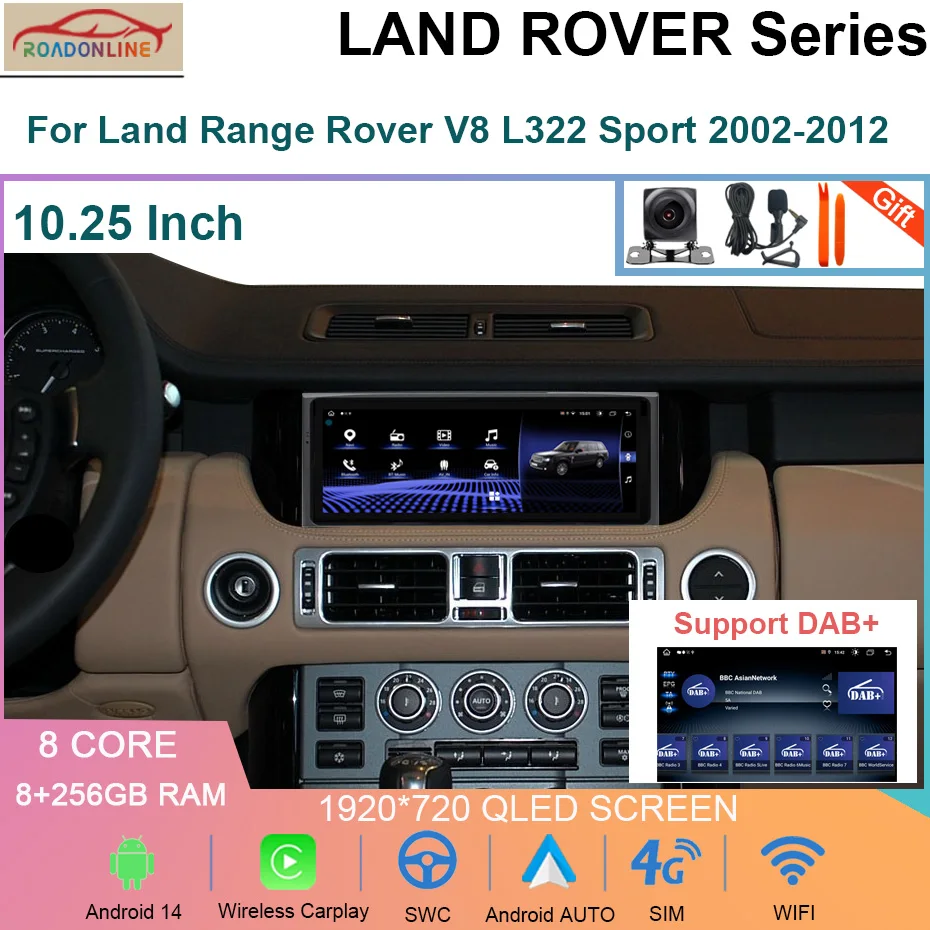 

Android 14 10.25 INCH For Land Rover Range V8 L322 2002~2012 Car Multimedia Video Player Radio GPS Navigation Support 4*4