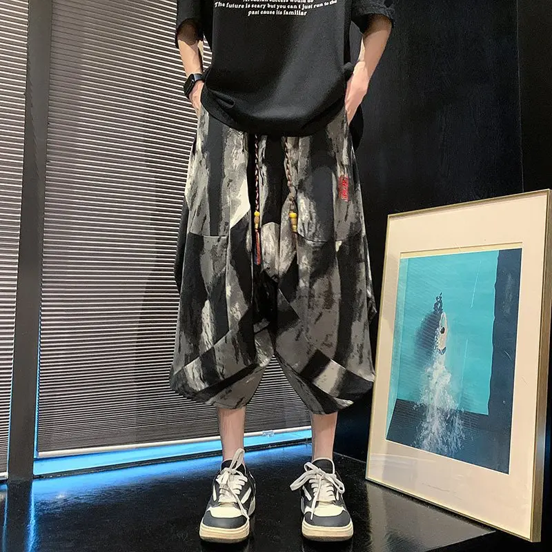 

New Chinese Sle adient Lantern Embroidered Seven-Foot Pants Men's Loose Straight Leg Trousers mid Waist Casual Wear