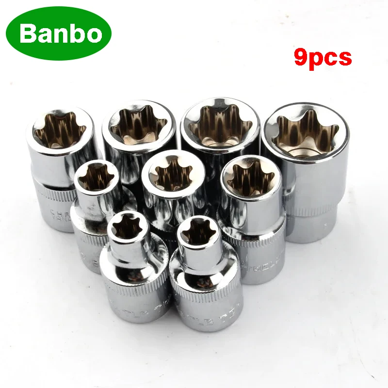 

9pcs 1/2" drive E10 E11 E12 E14 E16 E18 E20 E22 E24 e type torx star bit socket set hand repair tools