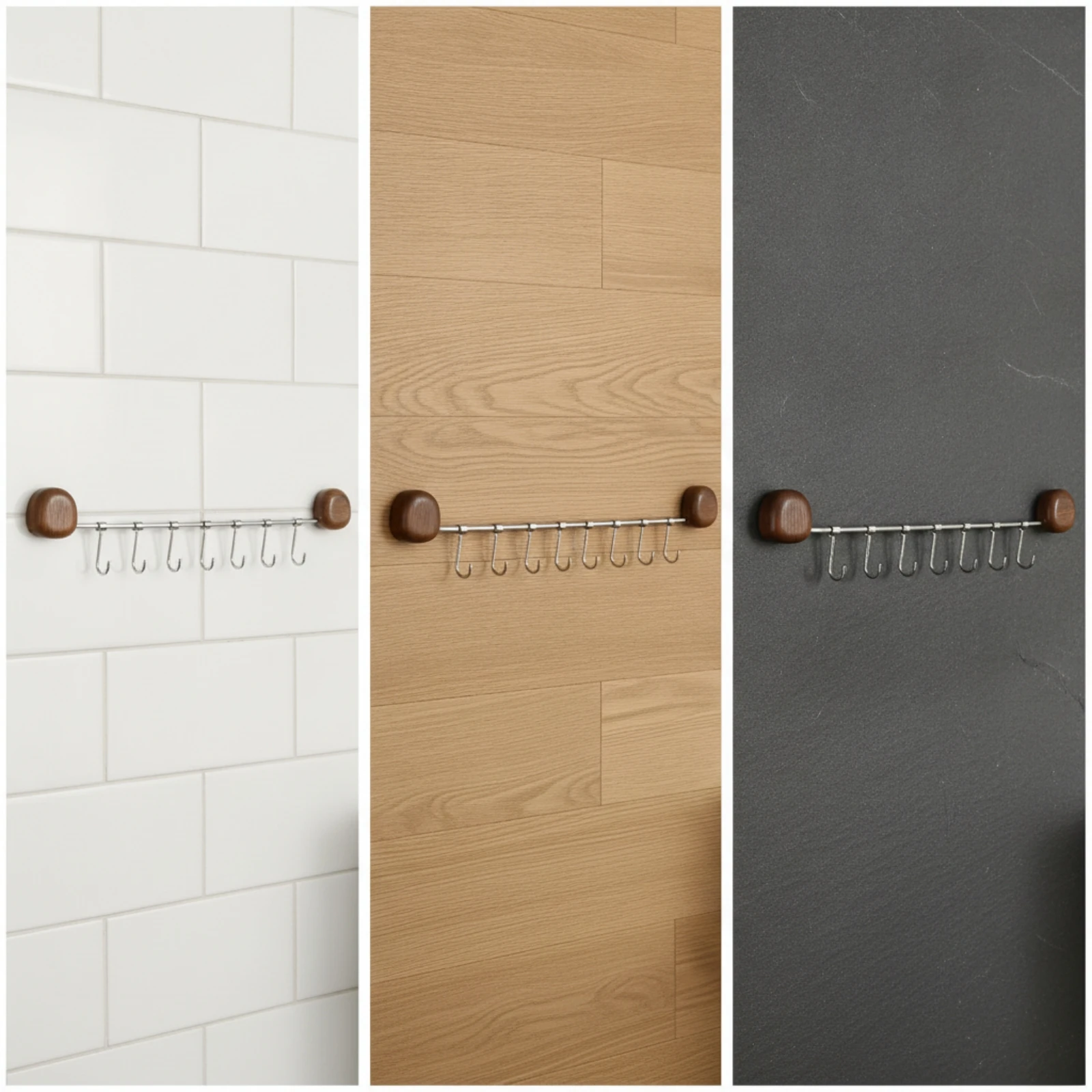 Wall-Mounted Hook Rack with Eight Hooks Space-Saving Stainless Steel Utensil Rack with Wood End Caps Organizer Long-Lasting