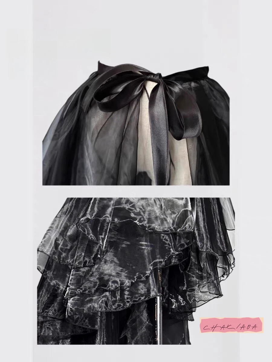 Textura de vidro lolita estilo balé dança gaze saia de uma peça grande pêndulo malha avental médio e longo com arrastando