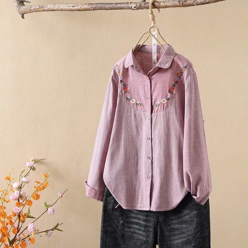 Ethnic Cotton Plaid Checkered Shirts and Blouses for Women Japan Flowers Embroider Cotton Yarn Long Sleeve Shirt Ladies Top