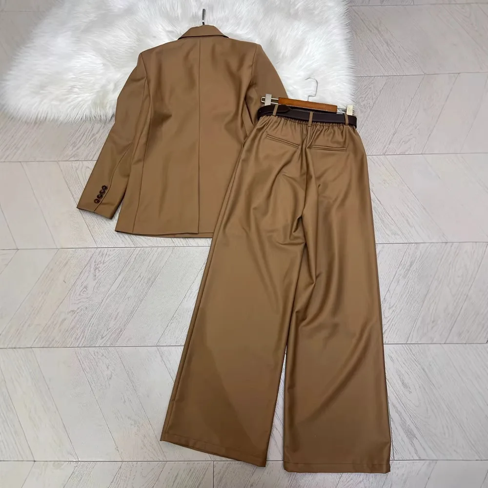 Women's Camel Blazer With Wide Leg Pants 2-Piece Set
